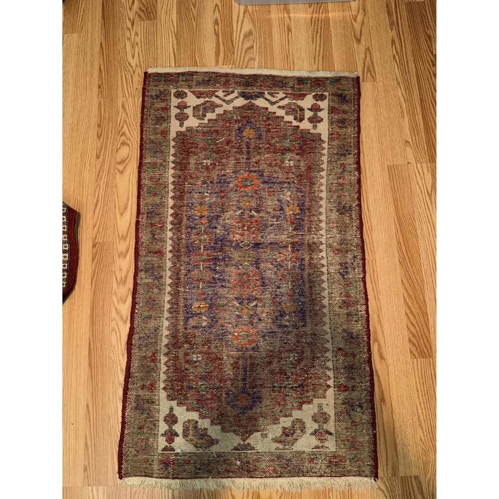 Vintage Hand Knotted Wool Persian Turkish Rug 28x49 Prayer Style Geometric - Picture 4 of 4